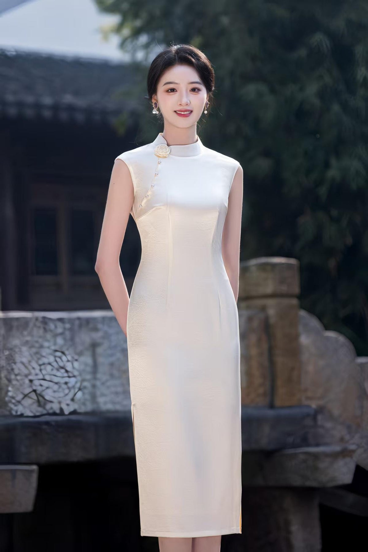 Women's Pink Elegant Satin Qipao Cheongsam Dress – additional product view