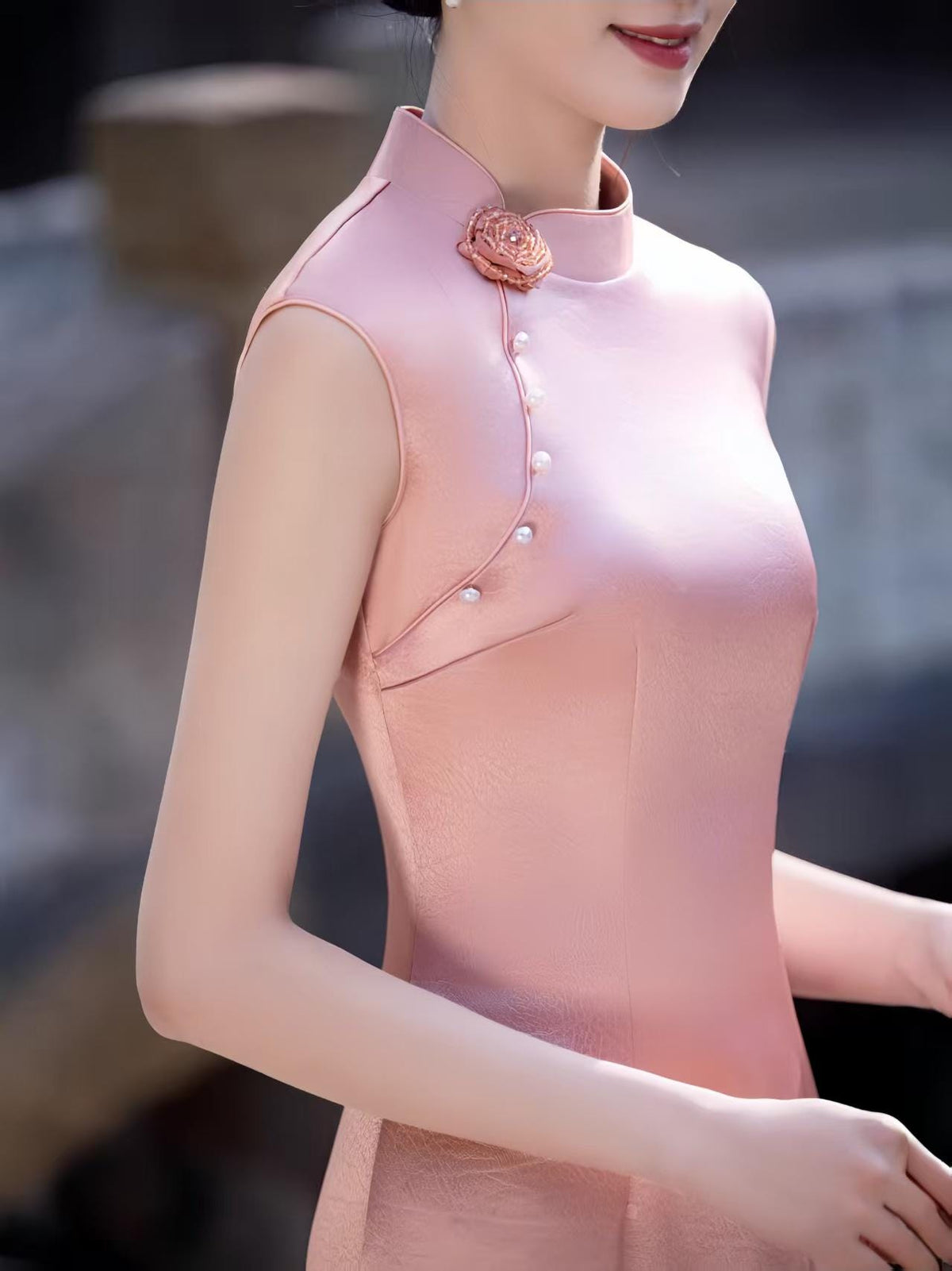 Women's Pink Elegant Satin Qipao Cheongsam Dress – additional product view