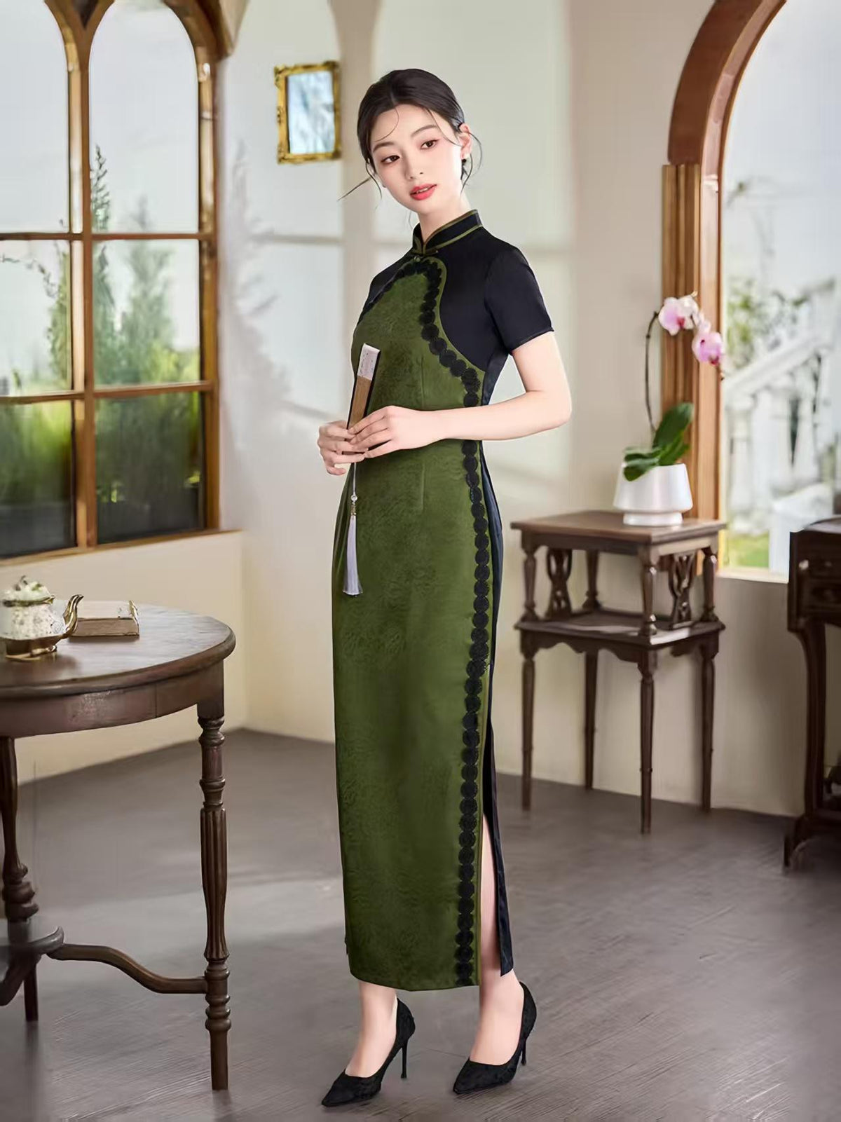 Women's Green Elegant Qipao Cheongsam Dress – Midi Fitted – additional product view