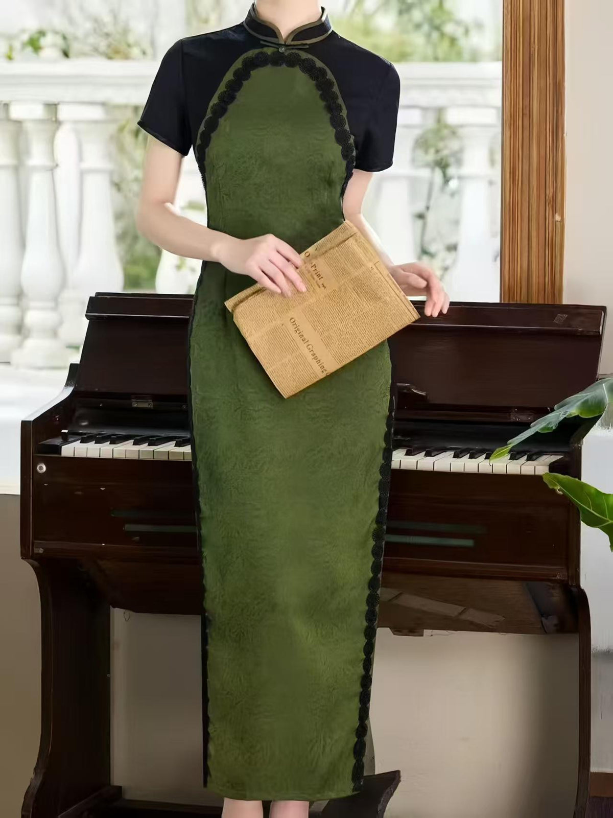 Women's Green Elegant Qipao Cheongsam Dress – Midi Fitted – additional product view