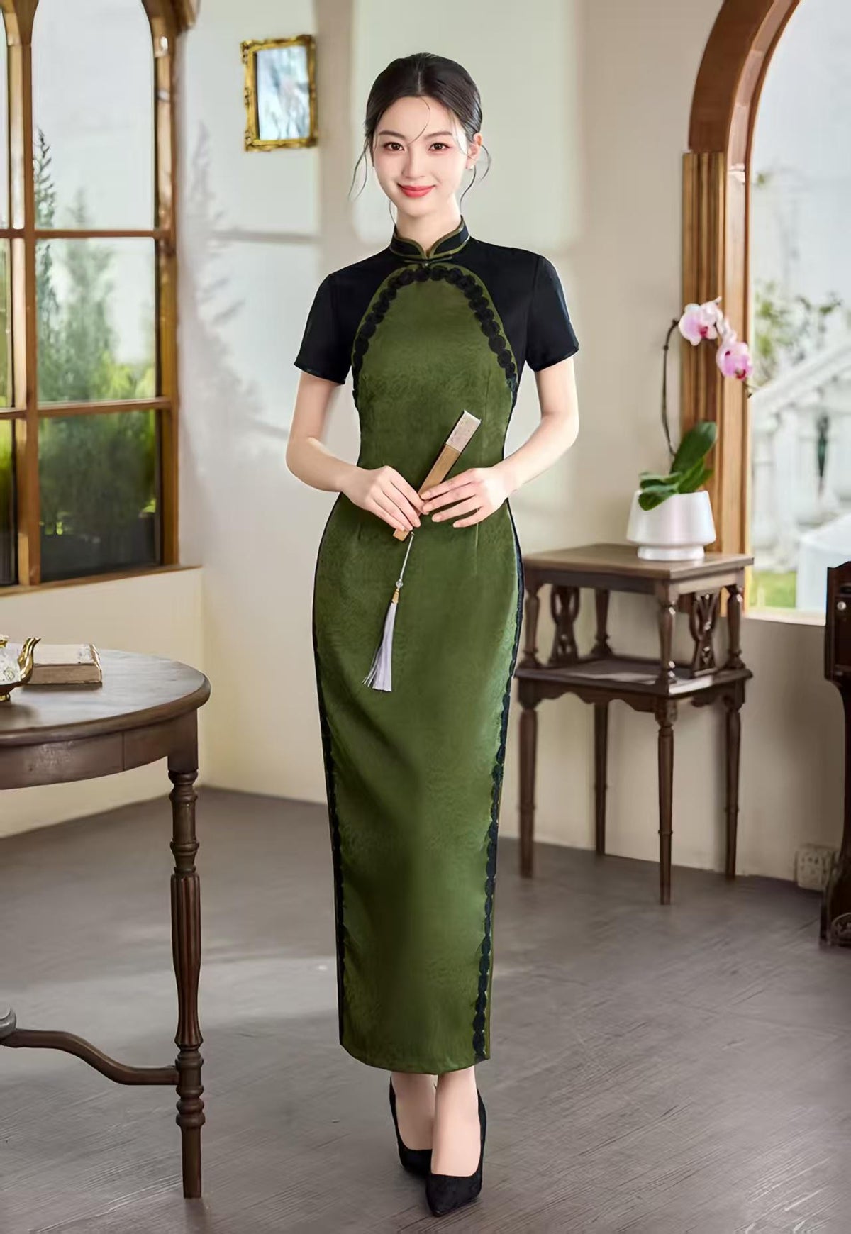 Women's Green Elegant Qipao Cheongsam Dress – Midi Fitted