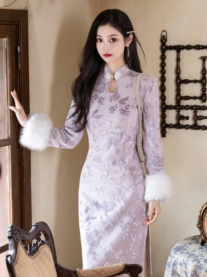 Women's Floral Qipao Cheongsam Dress – Lilac Floral Embroidery – additional product view