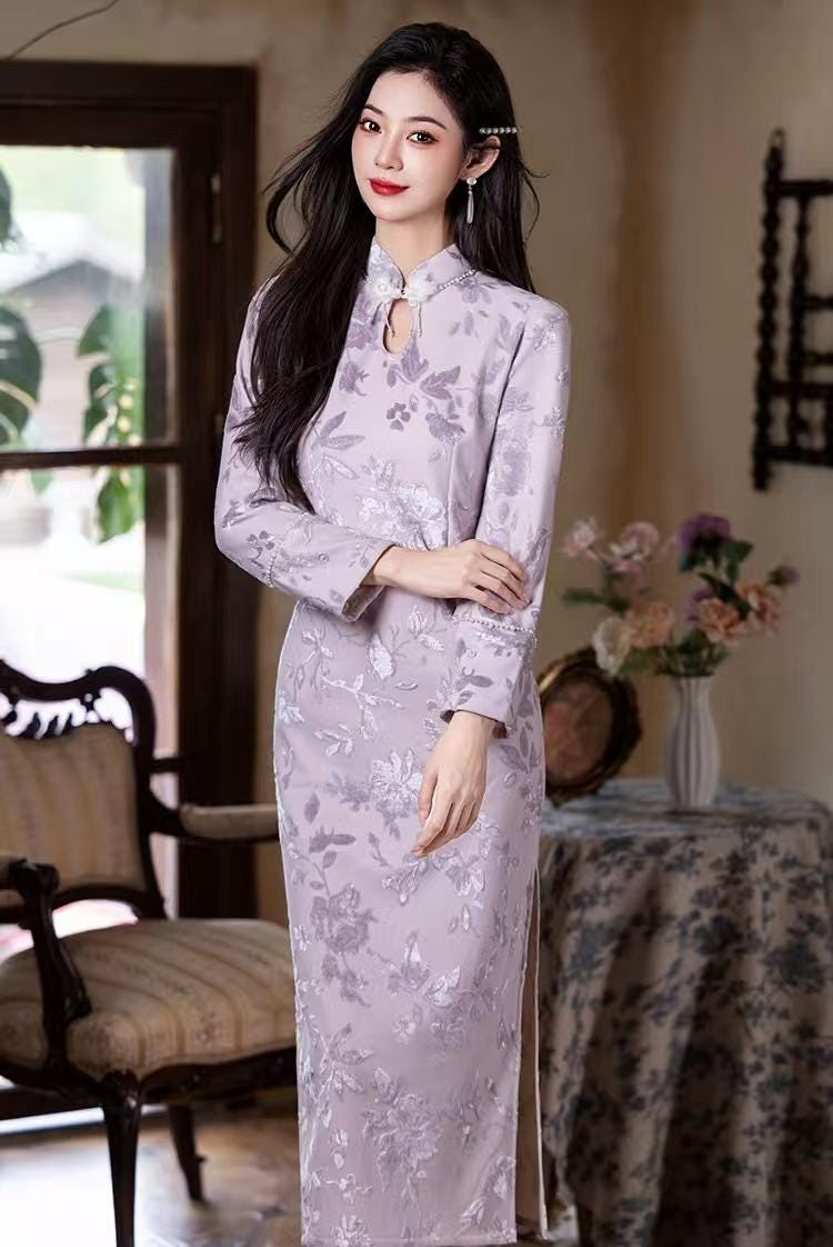 Women's Floral Qipao Cheongsam Dress – Lilac Floral Embroidery – additional product view