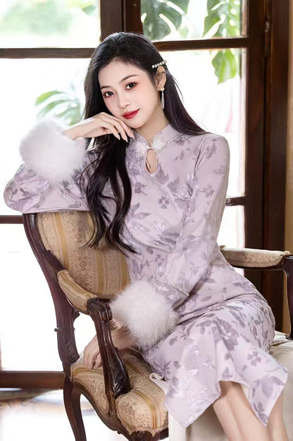Women's Floral Qipao Cheongsam Dress – Lilac Floral Embroidery – additional product view