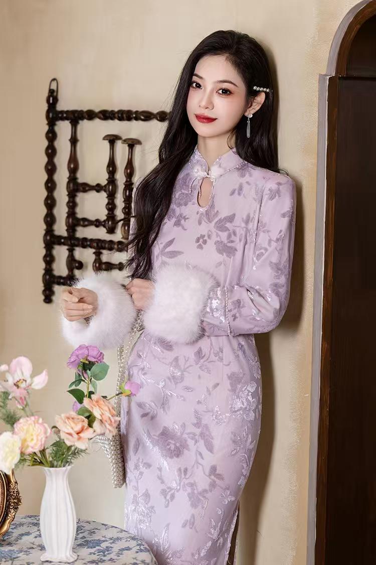 Women's Floral Qipao Cheongsam Dress – Lilac Floral Embroidery – additional product view