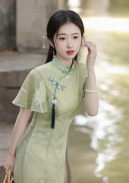 Women's Green Floral Qipao Cheongsam Dress – Midi – additional product view