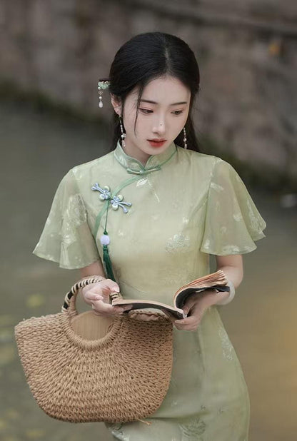 Women's Green Floral Qipao Cheongsam Dress – Midi – additional product view