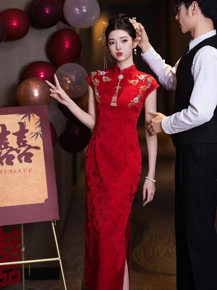 Women's Red Embroidered Qipao Cheongsam Dress – additional product view
