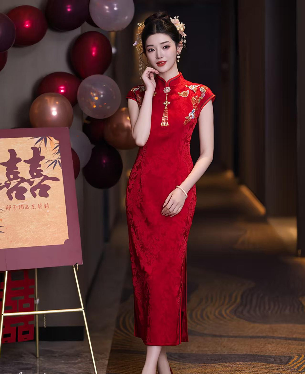 Women's Red Embroidered Qipao Cheongsam Dress – additional product view