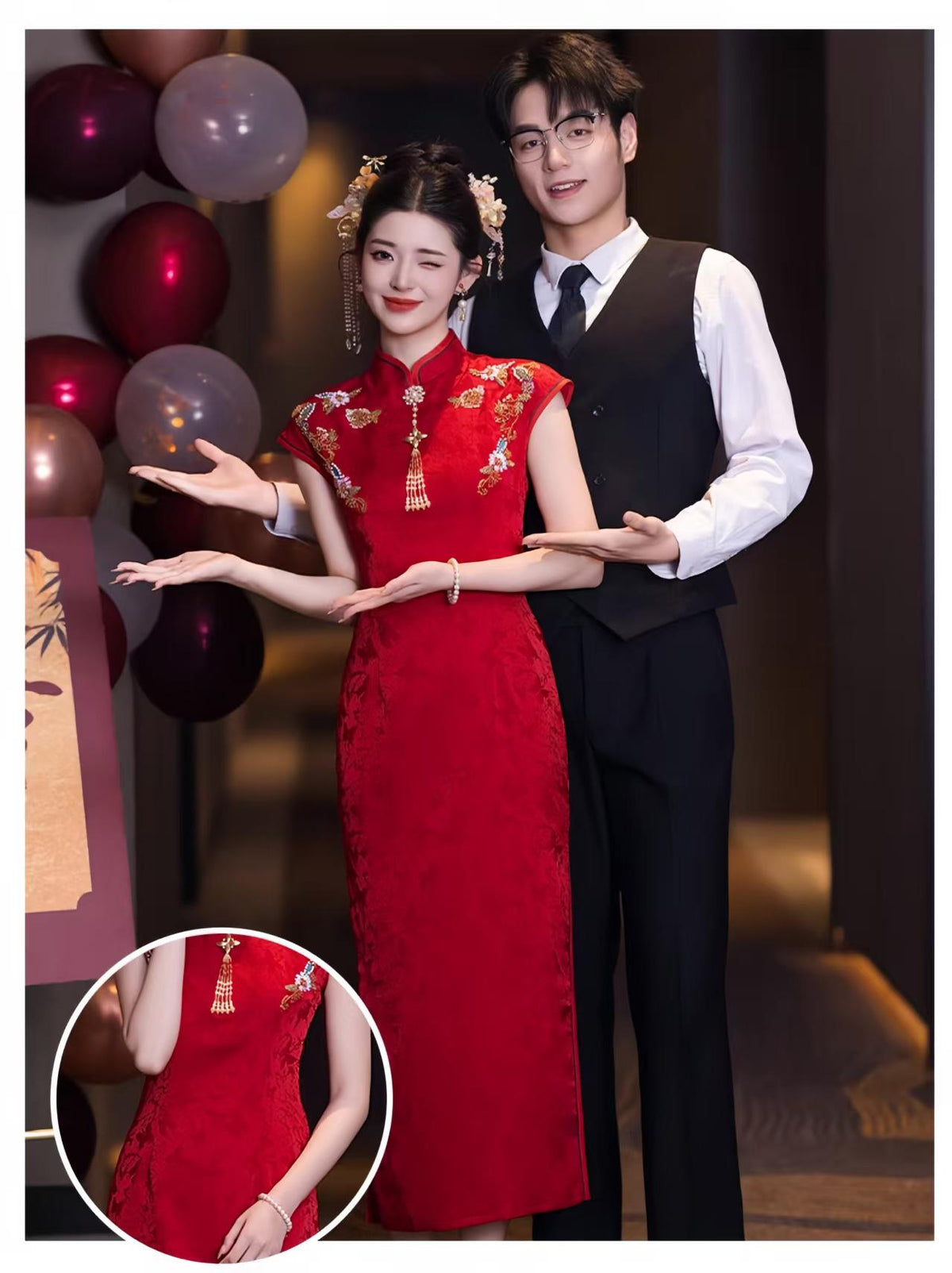 Women's Red Embroidered Qipao Cheongsam Dress – additional product view
