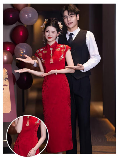 Women's Red Embroidered Qipao Cheongsam Dress – additional product view