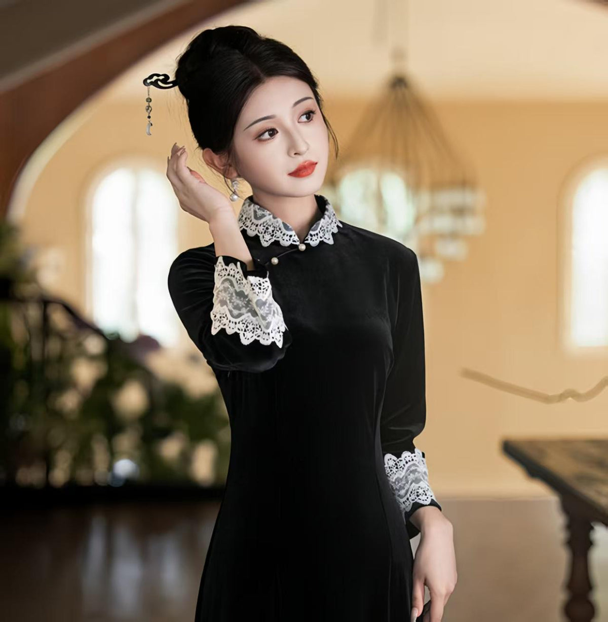 Women's Blue Elegant Qipao Cheongsam Dress – Linen Geometric – additional product view