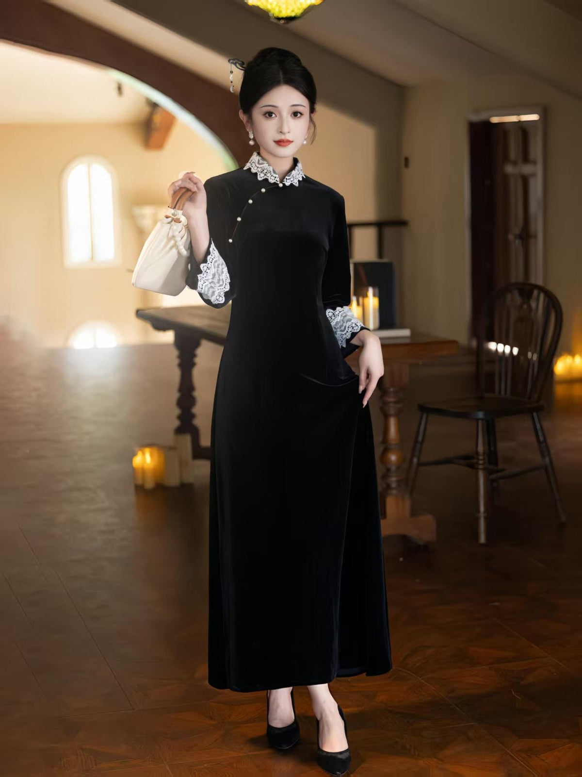 Women's Blue Elegant Qipao Cheongsam Dress – Linen Geometric – additional product view