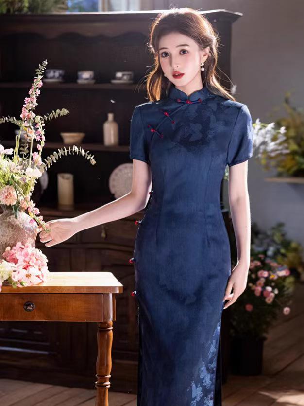 Women's Blue Elegant Qipao Cheongsam Dress – Long Fitted – additional product view
