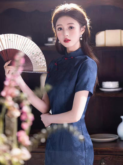 Women's Blue Elegant Qipao Cheongsam Dress – Long Fitted – additional product view