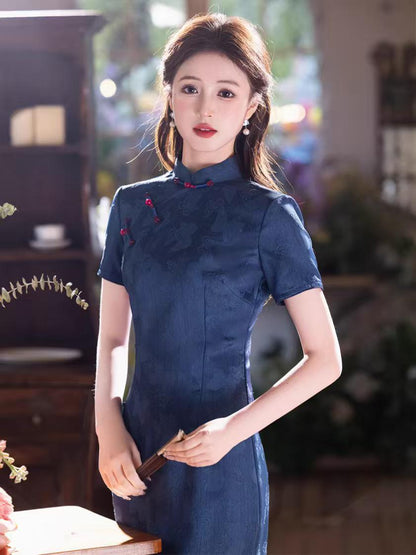Women's Blue Elegant Qipao Cheongsam Dress – Long Fitted – additional product view