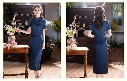 Women's Blue Elegant Qipao Cheongsam Dress – Long Fitted – additional product view