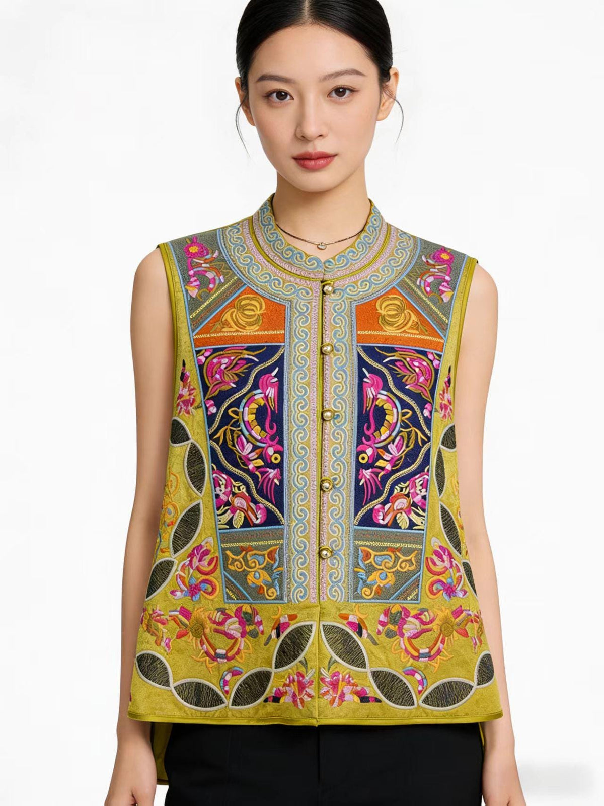 Yellow Floral Embroidered Vintage Chinese Style Vest