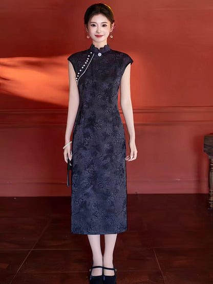 Women's Blue Vintage Qipao Cheongsam Dress – Midi – additional product view