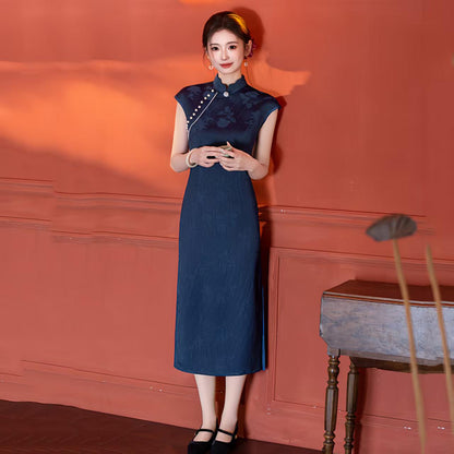 Women's Blue Vintage Qipao Cheongsam Dress – Midi – additional product view