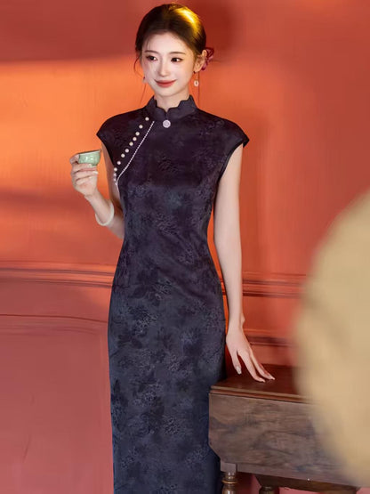 Women's Blue Vintage Qipao Cheongsam Dress – Midi