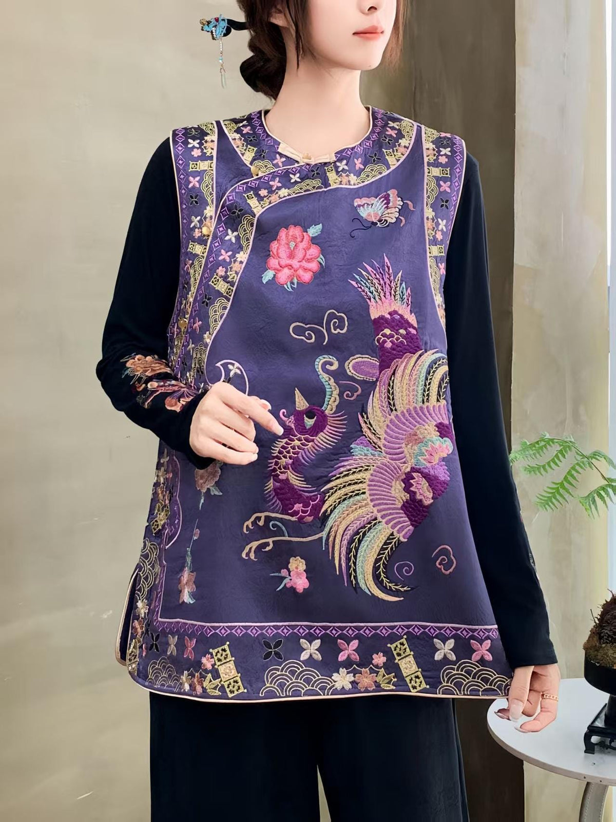 Women's Floral Embroidered Vintage Chinese Style Vest – Acetate Sleeveless