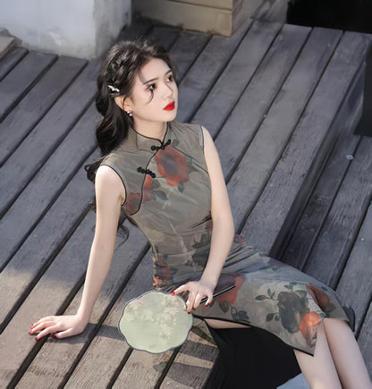 Women's Pink Floral Qipao Cheongsam Dress – additional product view