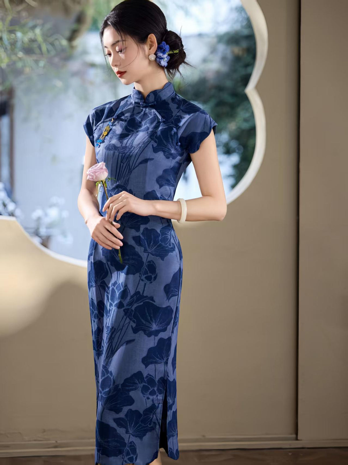 Women's Blue Floral Qipao Cheongsam Dress – Midi Fitted – additional product view