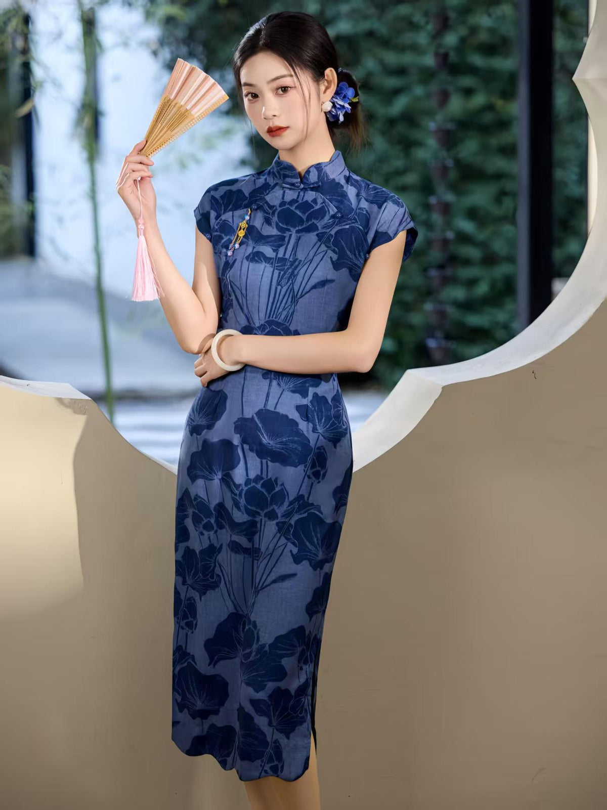 Women's Blue Floral Qipao Cheongsam Dress – Midi Fitted – additional product view