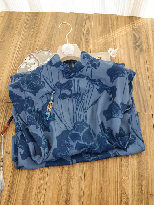 Women's Blue Floral Qipao Cheongsam Dress – Midi Fitted