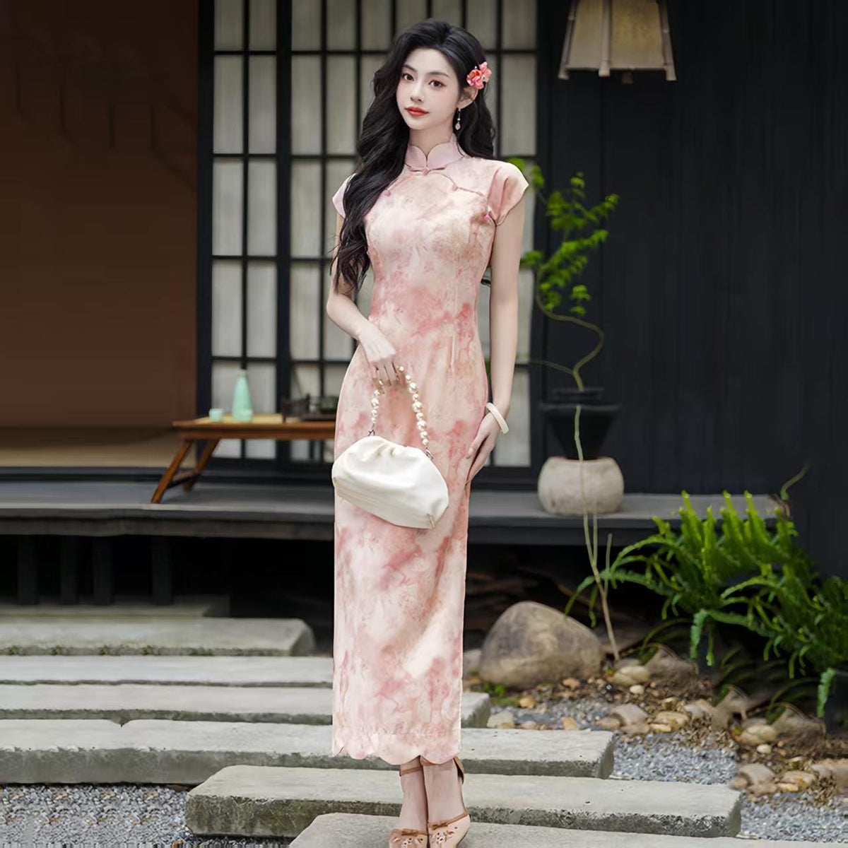Women's Blue Vintage Qipao Cheongsam Dress – Linen Midi Fitted – additional product view