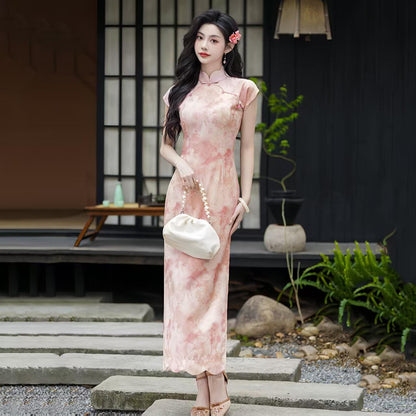 Women's Blue Vintage Qipao Cheongsam Dress – Linen Midi Fitted – additional product view
