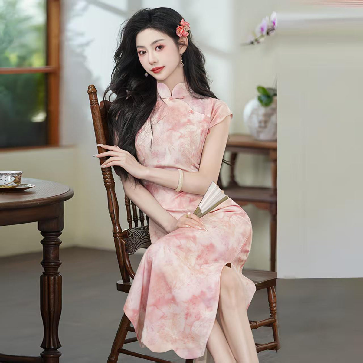 Women's Blue Vintage Qipao Cheongsam Dress – Linen Midi Fitted – additional product view
