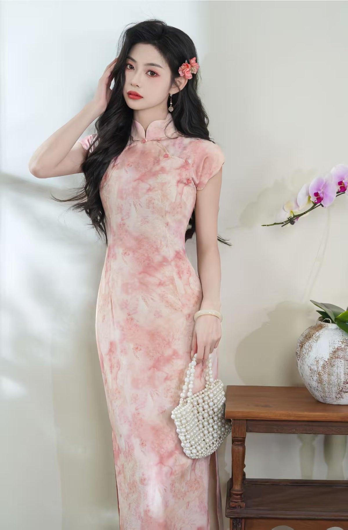 Women's Blue Vintage Qipao Cheongsam Dress – Linen Midi Fitted – additional product view