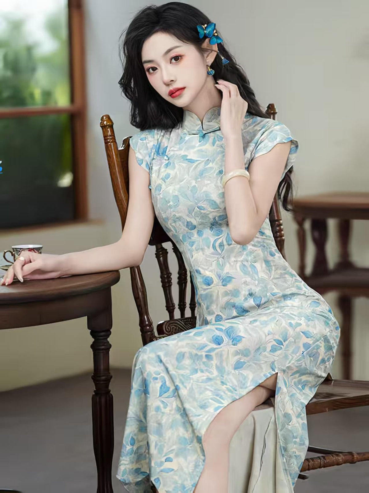 Women's Blue Vintage Qipao Cheongsam Dress – Linen Midi Fitted – additional product view