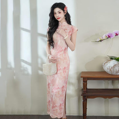 Women's Blue Vintage Qipao Cheongsam Dress – Linen Midi Fitted – additional product view