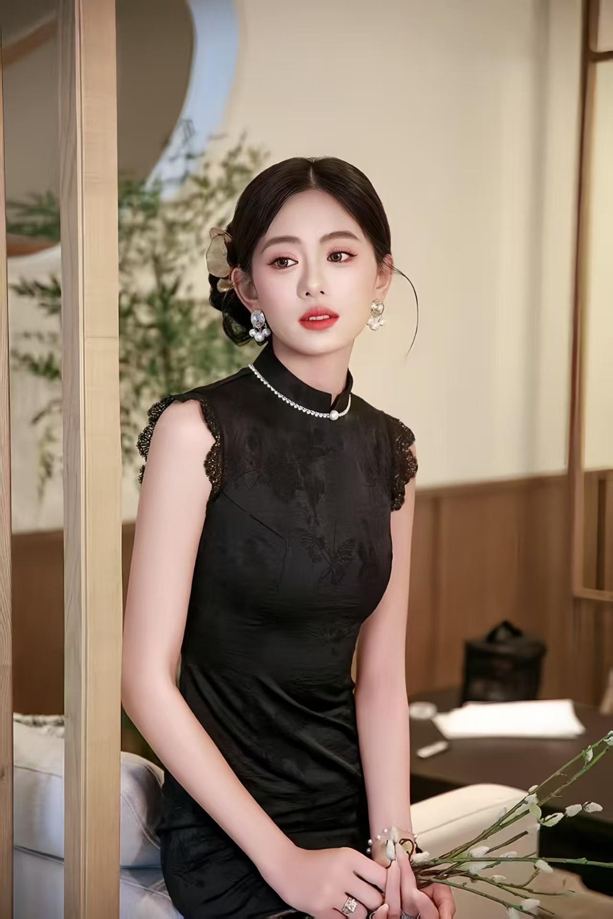 Women's Black Vintage Qipao Cheongsam Dress – Midi Fitted – additional product view