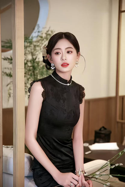 Women's Black Vintage Qipao Cheongsam Dress – Midi Fitted – additional product view
