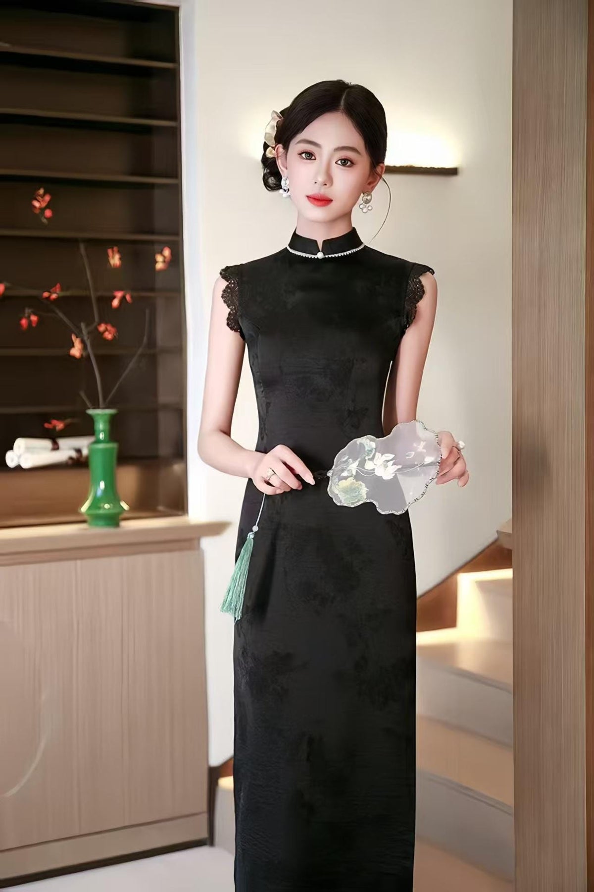 Women's Black Vintage Qipao Cheongsam Dress – Midi Fitted – additional product view