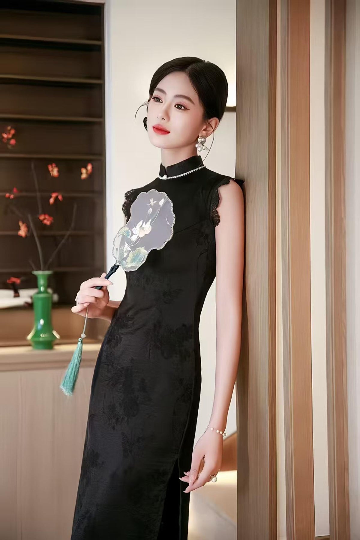 Women's Black Vintage Qipao Cheongsam Dress – Midi Fitted – additional product view