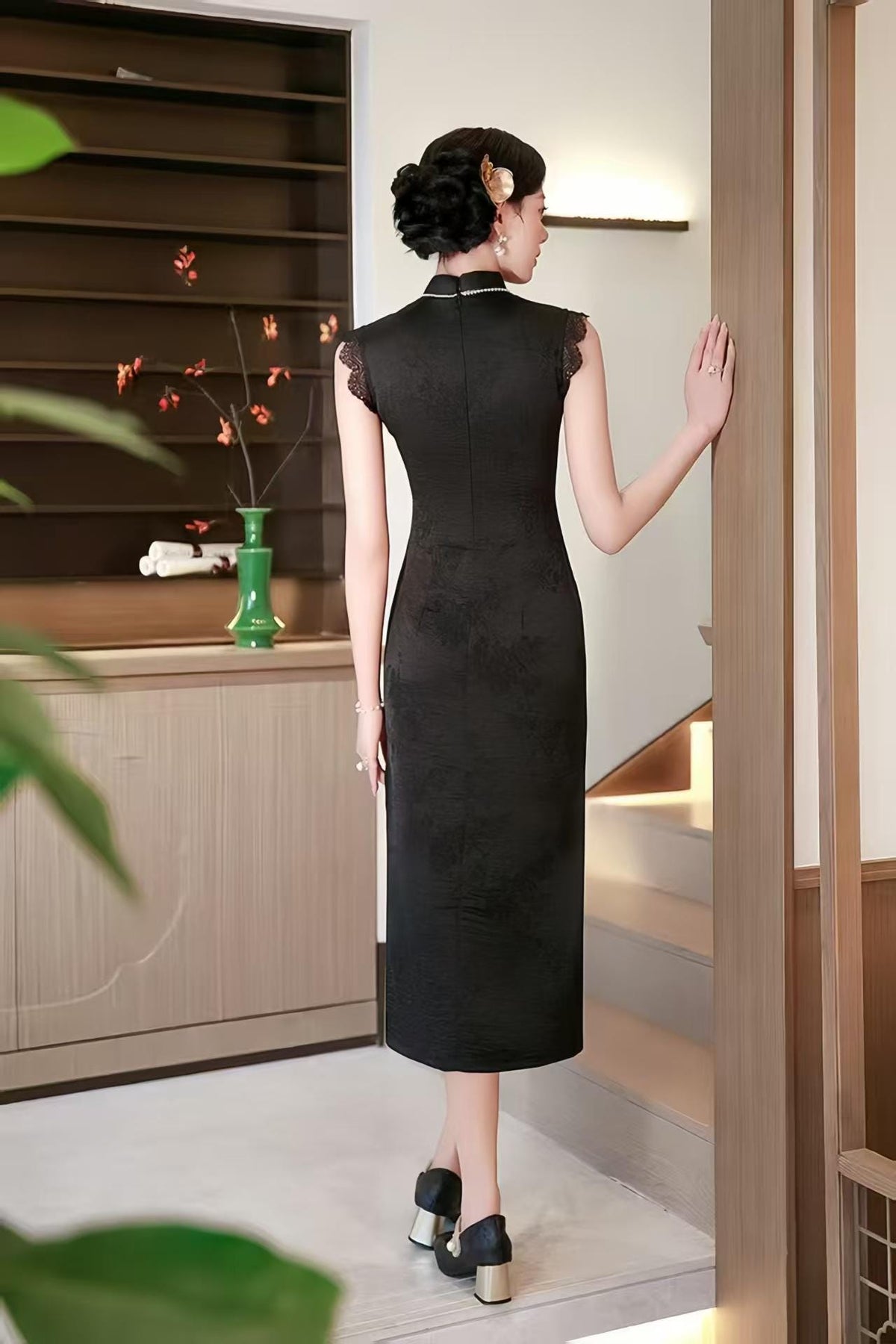 Women's Black Vintage Qipao Cheongsam Dress – Midi Fitted – additional product view