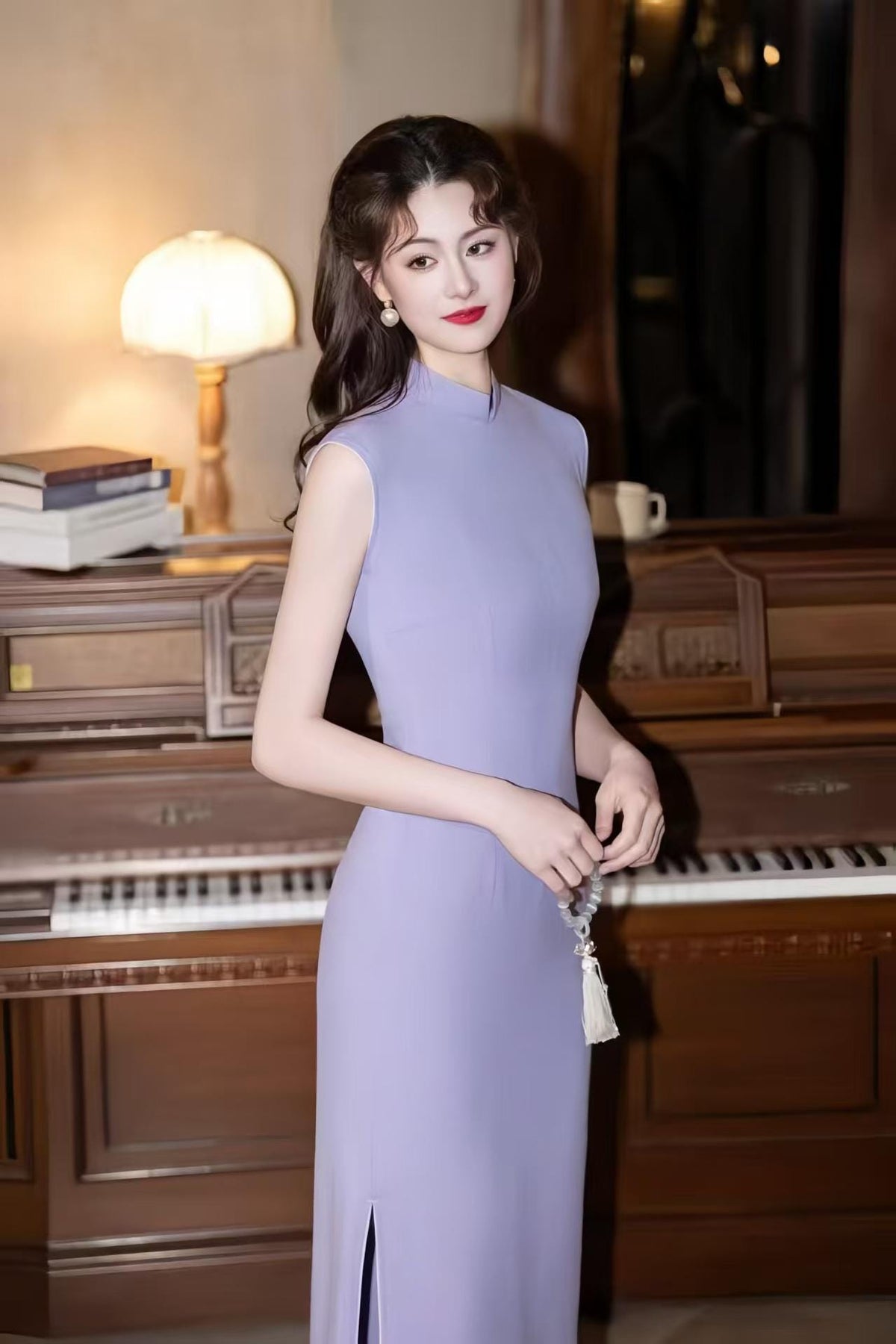 Women's Elegant Qipao Cheongsam Dress – Lavender Midi Fitted – additional product view