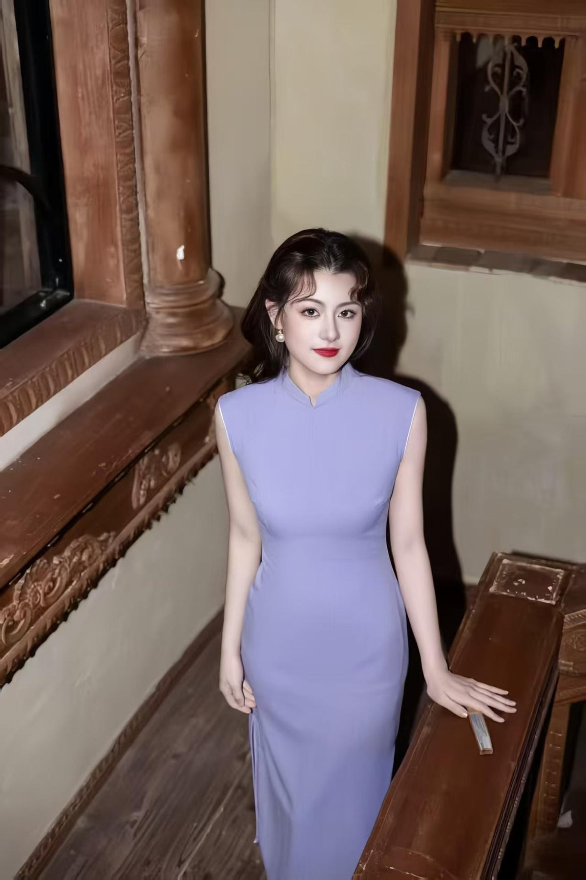 Women's Elegant Qipao Cheongsam Dress – Lavender Midi Fitted – additional product view