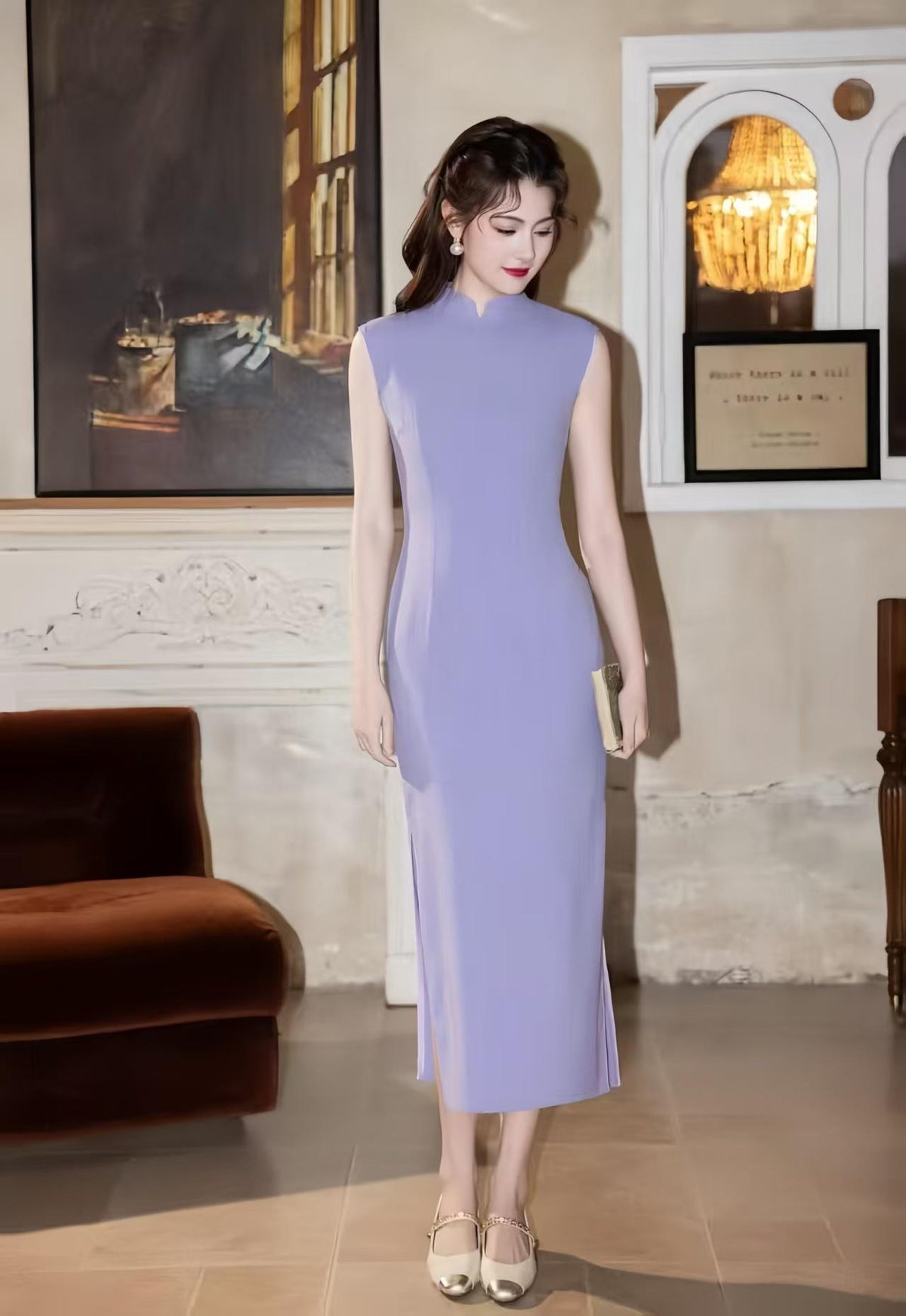 Women's Elegant Qipao Cheongsam Dress – Lavender Midi Fitted – additional product view