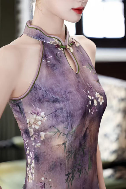 Women's Purple Floral Qipao Cheongsam Dress – Jacquard Midi Fitted – additional product view