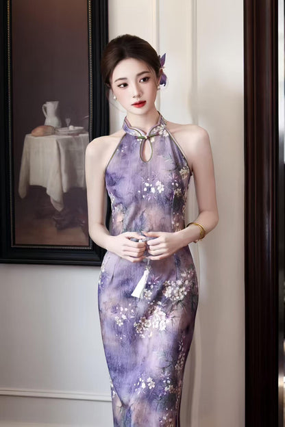 Women's Purple Floral Qipao Cheongsam Dress – Jacquard Midi Fitted – additional product view