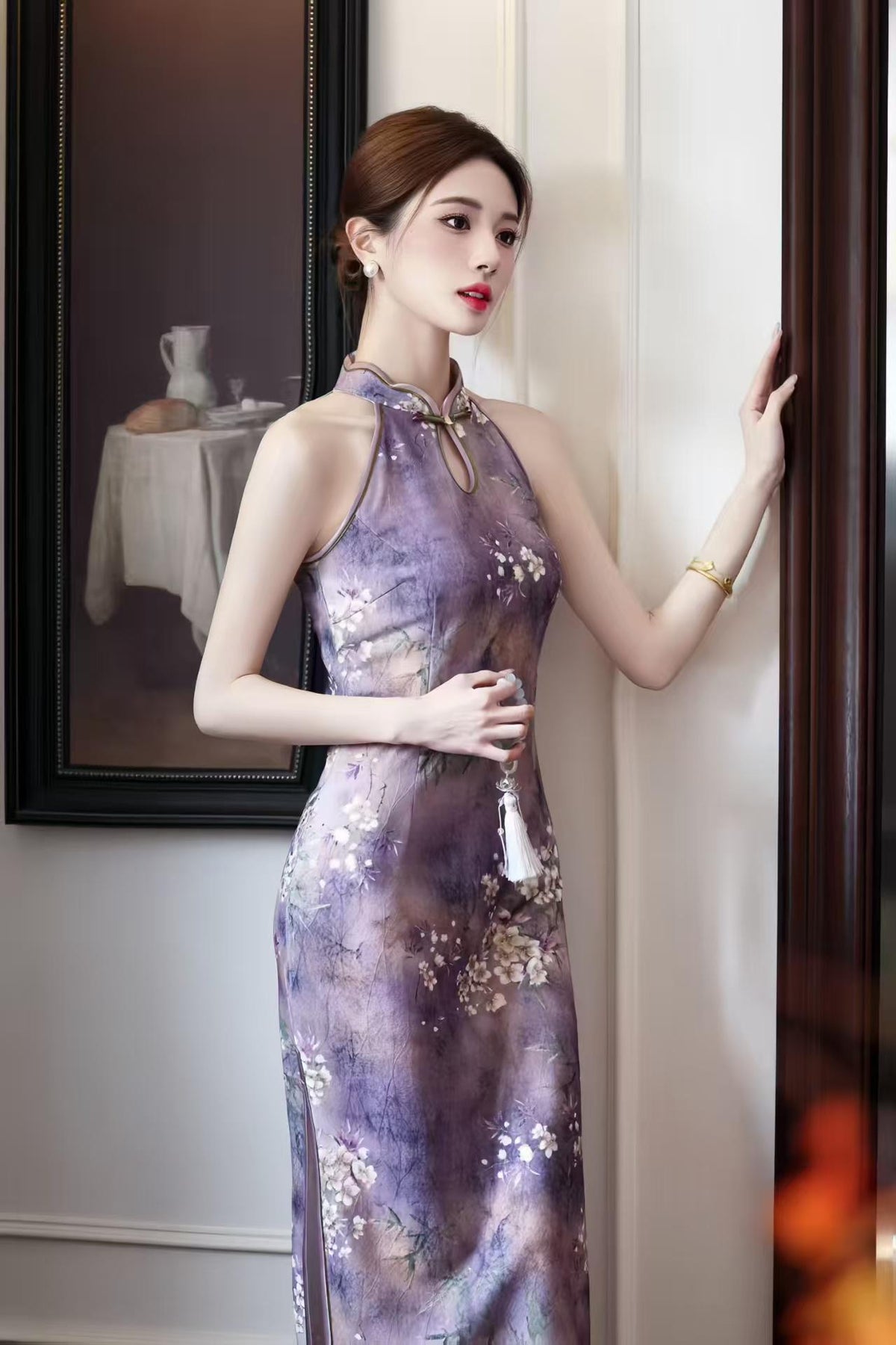 Women's Purple Floral Qipao Cheongsam Dress – Jacquard Midi Fitted – additional product view