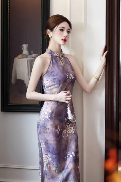 Women's Purple Floral Qipao Cheongsam Dress – Jacquard Midi Fitted – additional product view