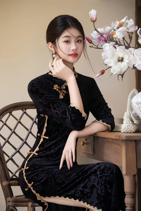Women's Black Vintage Velvet Qipao Cheongsam Dress – Midi
