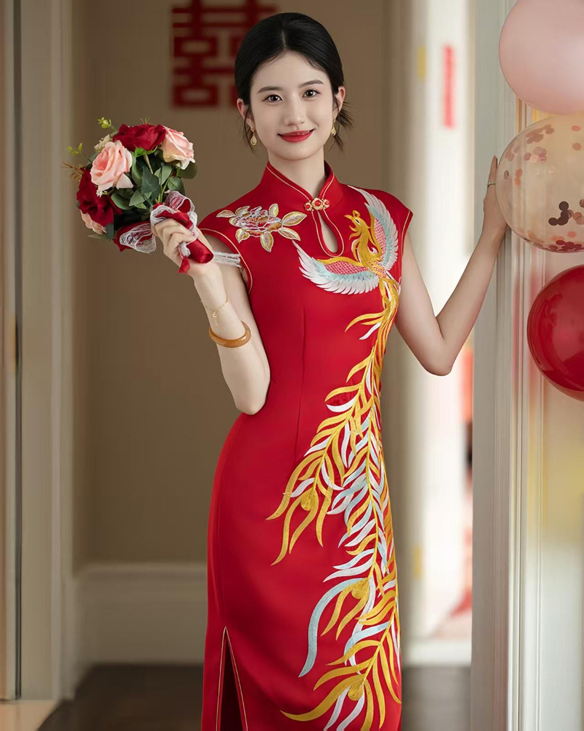 Women's Red Embroidered Qipao Cheongsam Dress – additional product view